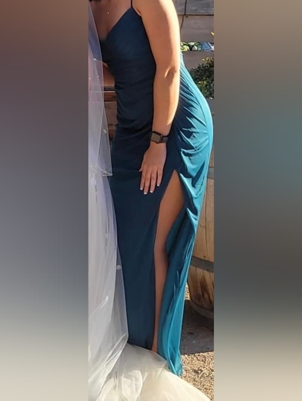 Azazie Teal Prom Rouched Gown Side Slit
